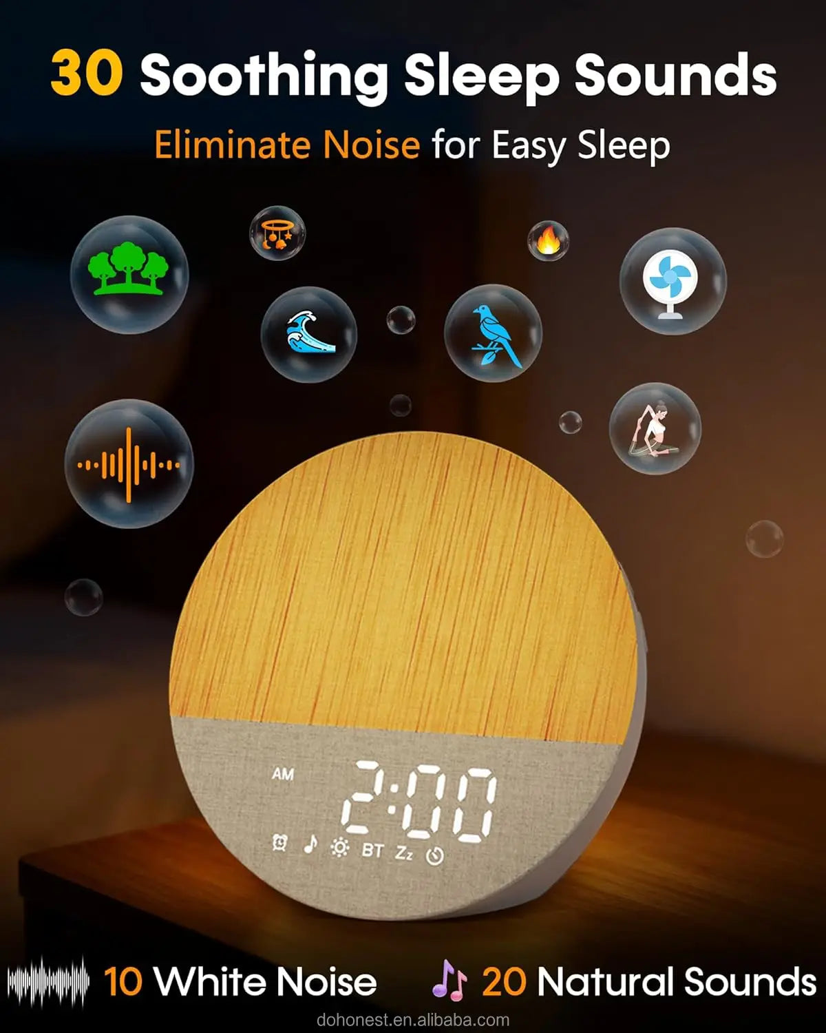 Sunrise Alarm Clock with White Noise, Gradual Wake-up Light, Anxiety Relief, Dimmable Bluetooth Memory, 30 Sleep Sounds