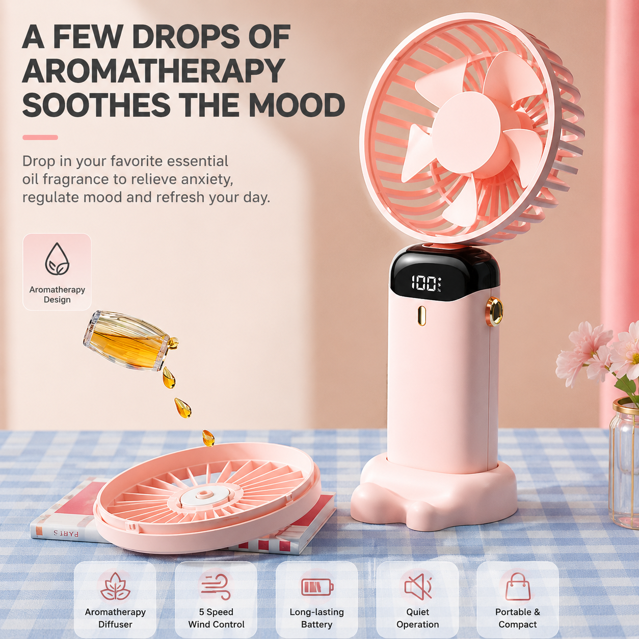 Foldable Neck Fan, 5-Speed USB Rechargeable Personal Cooling Fan with Phone Stand, Digital Display & 1800mAh Battery