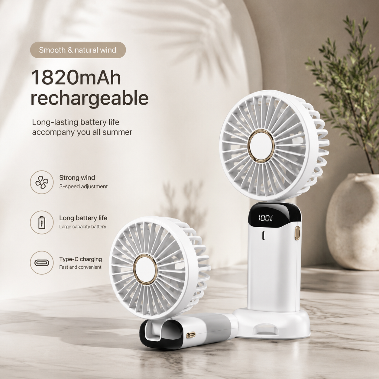 Foldable Neck Fan, 5-Speed USB Rechargeable Personal Cooling Fan with Phone Stand, Digital Display & 1800mAh Battery