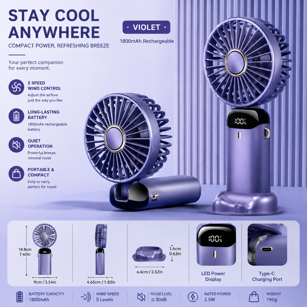 Foldable Neck Fan, 5-Speed USB Rechargeable Personal Cooling Fan with Phone Stand, Digital Display & 1800mAh Battery