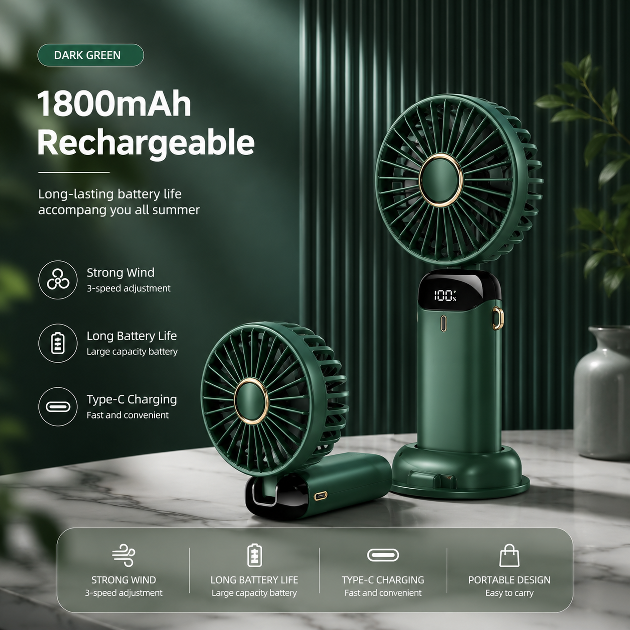 Foldable Neck Fan, 5-Speed USB Rechargeable Personal Cooling Fan with Phone Stand, Digital Display & 1800mAh Battery