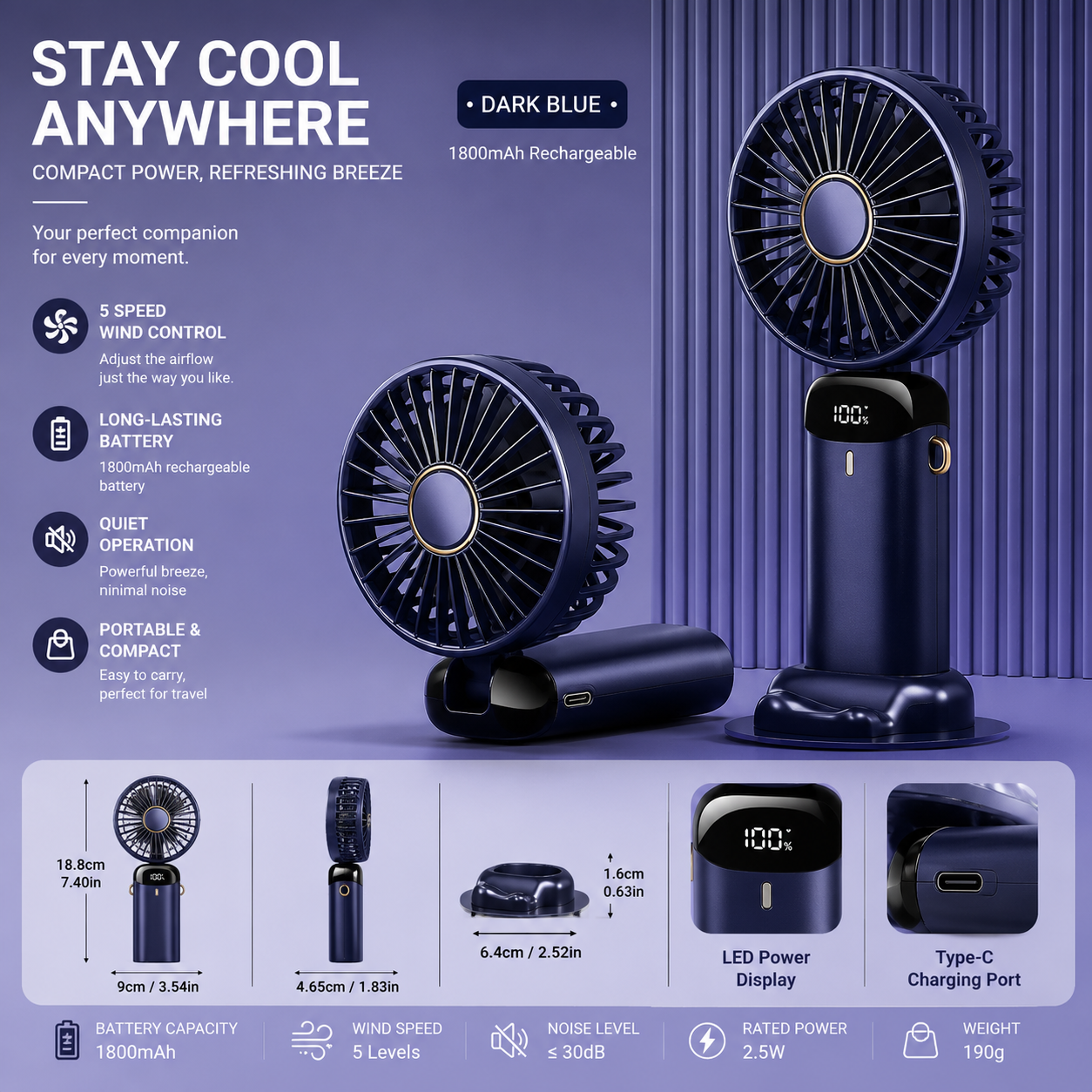 Foldable Neck Fan, 5-Speed USB Rechargeable Personal Cooling Fan with Phone Stand, Digital Display & 1800mAh Battery